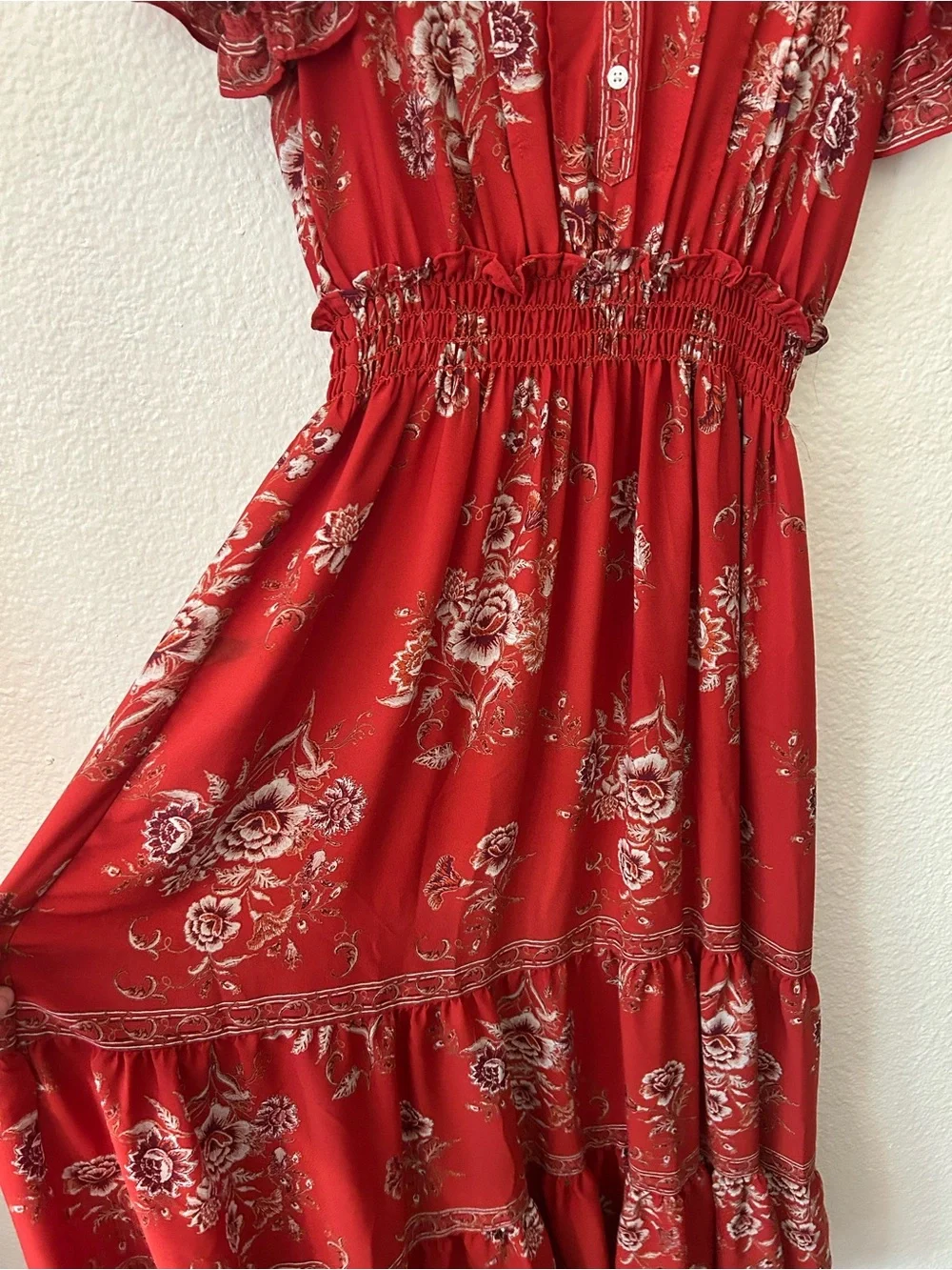 Max Studio Red Floral Maxi Dress with Ruffle Sleeves - Picture 2 of 5